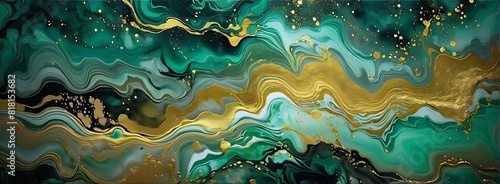 Background green gold abstract texture marble pattern liquid ink paint. Dark background green gold luxury stone wallpaper golden watercolor foil agate black art design emerald color fluid water moder 