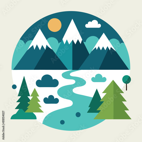 Mountain icons set  rivers  lakes  nature landscape  hills  forest  wood  trees  icon