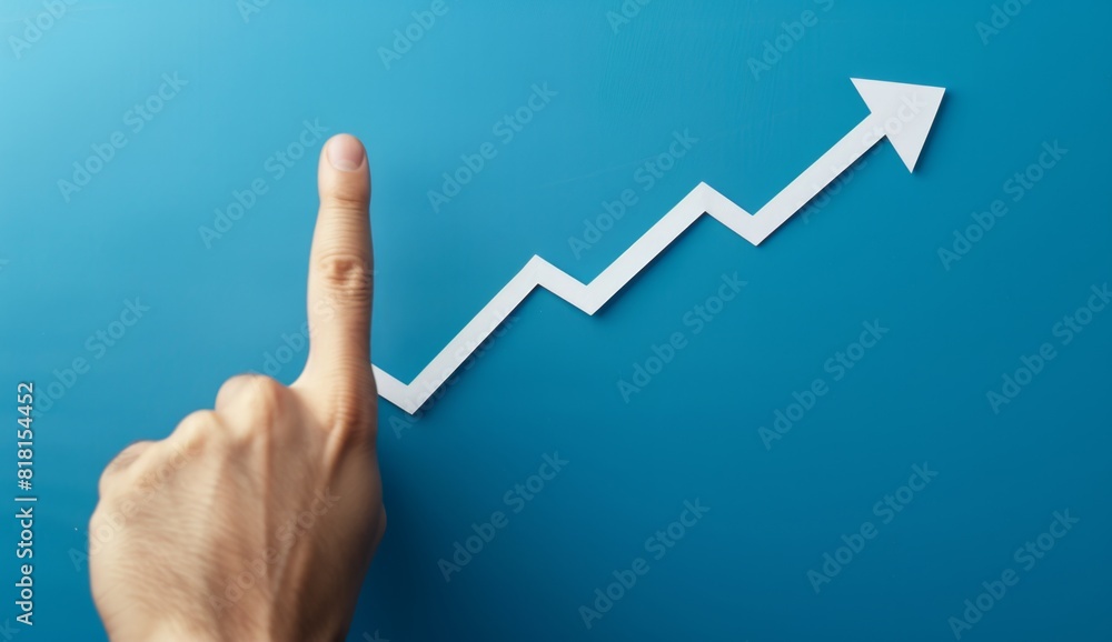 A hand points at an upward arrow on a digital screen showing a growth graph line, representing a business success concept Generative AI A hand points at an upward arrow on a digital screen showing a growth graph line, representing a business success concept Generative AI