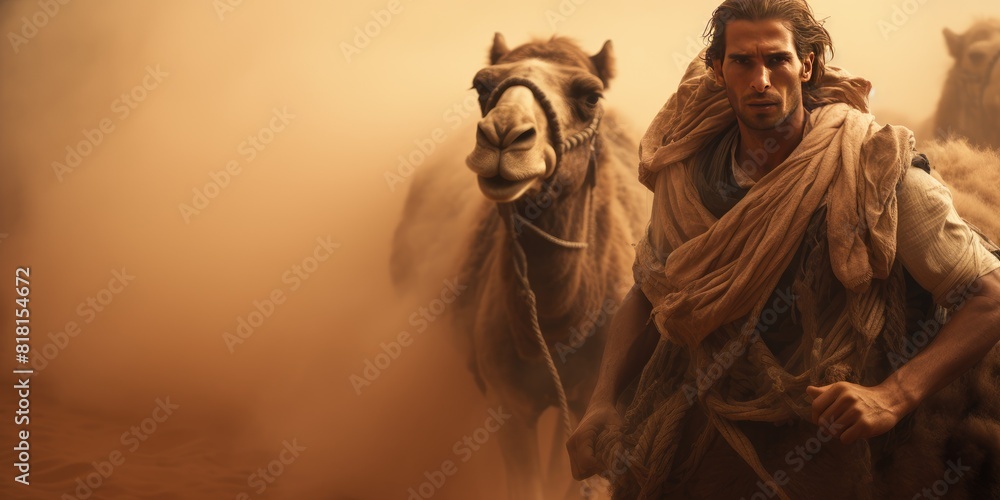 A man with a camel walks through the desert during a sandstorm. Natural disaster. Generative AI A man with a camel walks through the desert during a sandstorm. Natural disaster. Generative AI