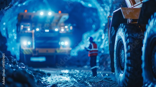 A miner looks at a giant mining truck in an underground mine. 