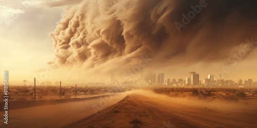 A sandstorm is approaching a modern city. Natural disaster, natural phenomenon. Generative AI photo