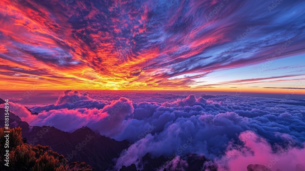 The vibrant colors of a sunrise painting the sky above a sea of clouds creating a radiant spectacle.