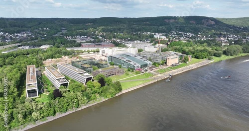 Aerial drone view of the city of Bonn, Germany looking at the buildings at the Am Bonner Bogen along the rhine river. photo