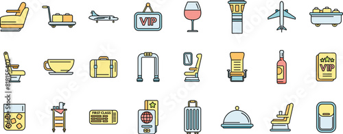 First class travel icons set outline vector. Airplane service. Seat traveler thin line color flat on white