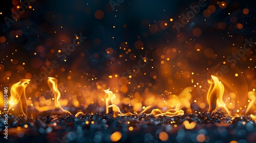 Bright flames rising and moving at dark nigh in blurred background