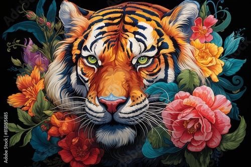 artistic drawing of a tiger portrait surrounded by flowers  bright and colorful paints
