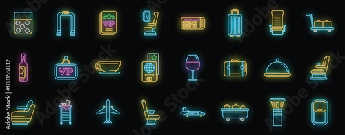 First class travel icons set outline vector. Airplane service. Seat traveler neon color on black