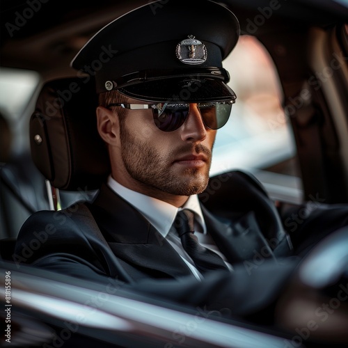 Professional driver, private chauffeur in luxury car, chauffeur service, man in uniform, auto rental © artemstepanov