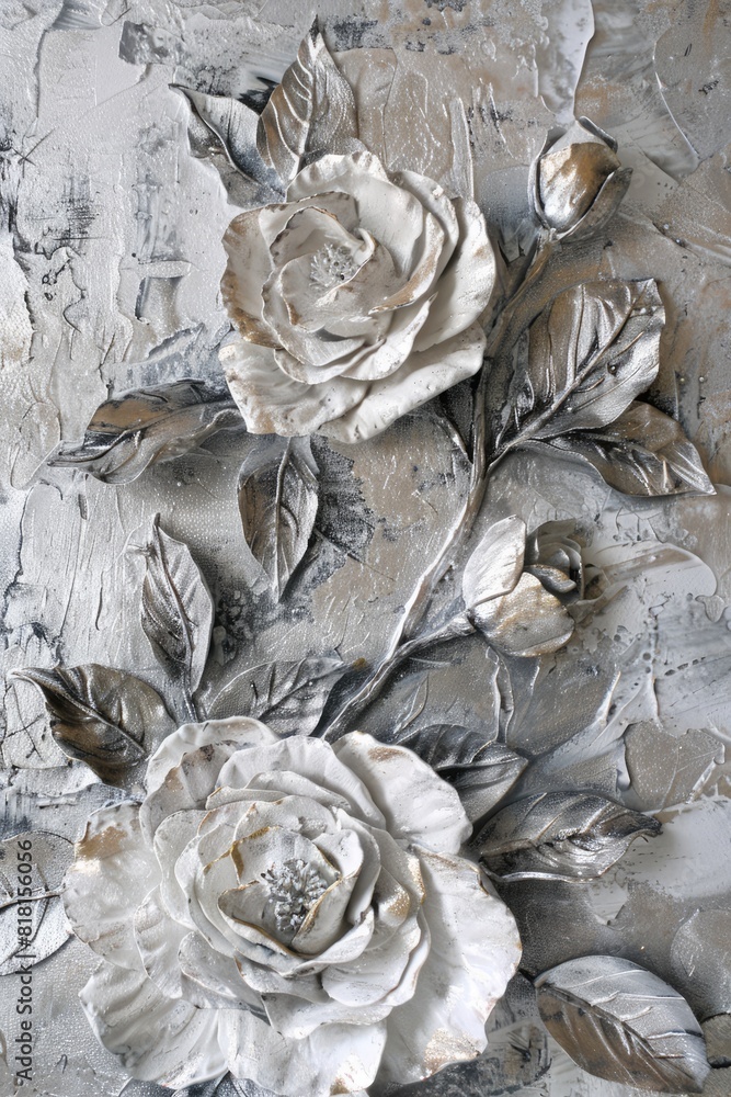 Beautiful silver metallic textured flowers, close up intricate details, elegant background

