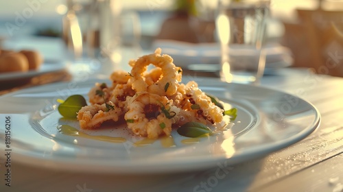 frozen calamari a la romana served on a white plate on the dining room table alone, crunchy frying, photo
