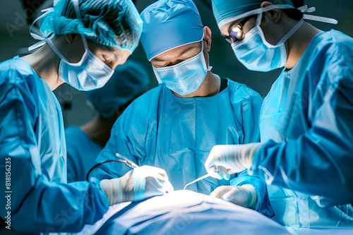 team of surgeons with mask at operation in operating room at hospital