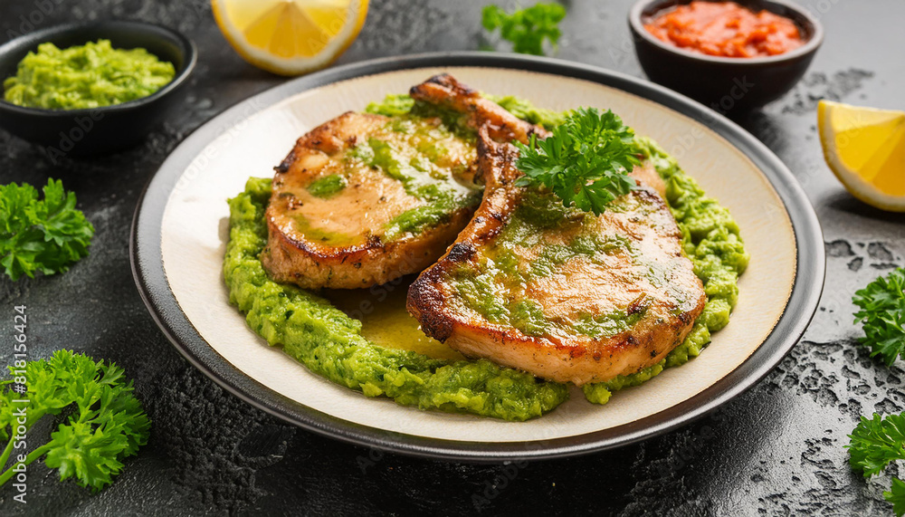 Grilled pork chops with salsa verde sauce on dark table. Tasty meat dish. Delicious food for dinner. Grilled pork chops with salsa verde sauce on dark table. Tasty meat dish. Delicious food for dinner.
