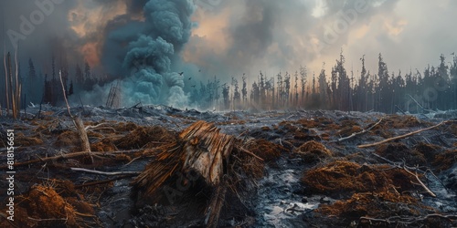 A desolate landscape with a large fire in the background