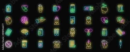 Antidepressant icons set outline vector. Family health. Sad mental neon color on black