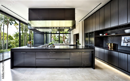 futuristic kitchen design features contemporary minimalist elements  with a monochromatic color scheme of black  white  and gray.
