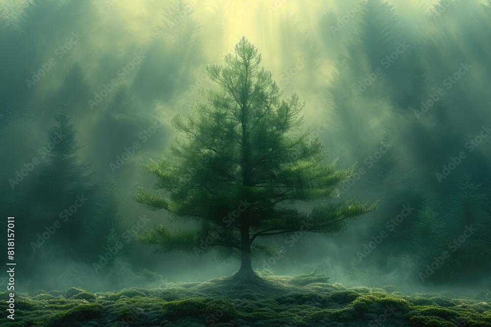 Veiled Serenity: Sunlit Solitude in the Misty Woods Veiled Serenity: Sunlit Solitude in the Misty Woods