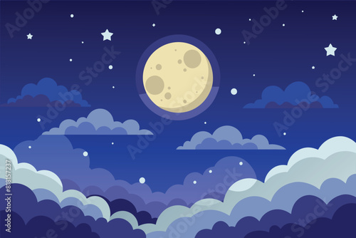 Night starry sky with full moon and cloud. Vector background with cloudy sky, moonlight vector