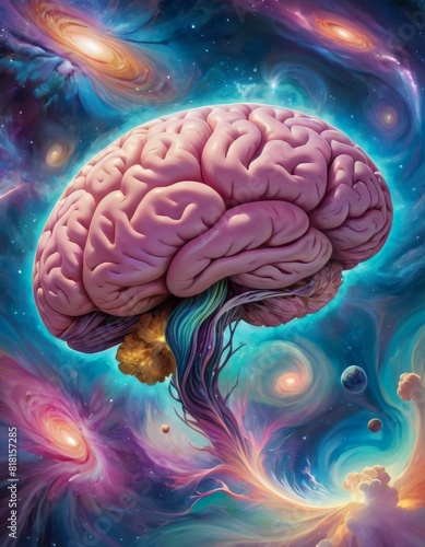 A surreal depiction of a human brain floating in space, surrounded by vibrant nebulae and cosmic elements. photo