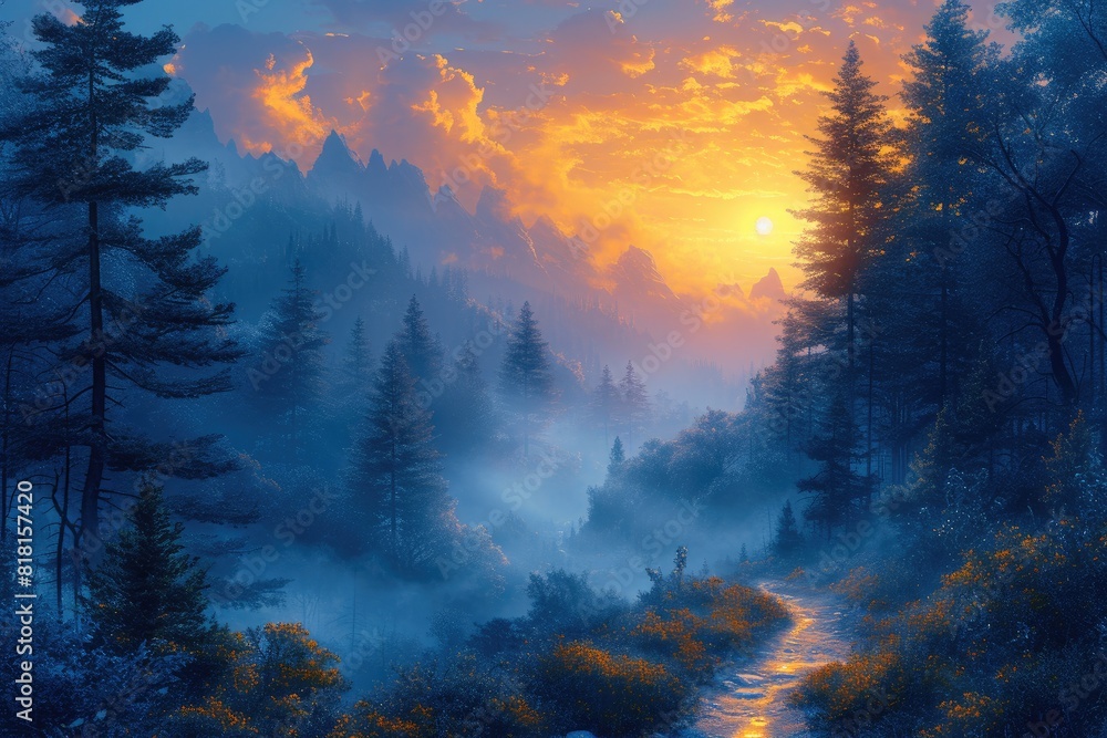 Fototapeta premium Sunrise Stroll: A Peaceful Journey Through the Woods