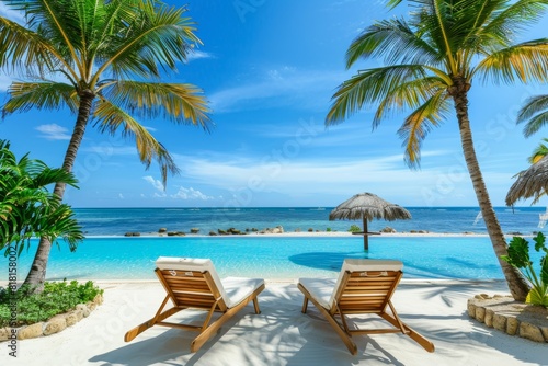 Luxurious beach resort with swimming pool  beach chairs  palm trees  and blue sky