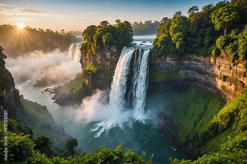 Fototapeta Naklejka Na Ścianę i Meble -  stunning view of huge waterfall in the mist at sunrise