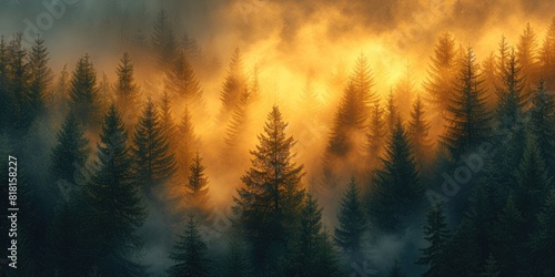 Mystical Dawn: Golden Light in the Foggy Forest