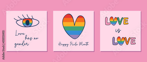 Happy Pride Month cards, banners, prints. Set of groovy 70s style retro posts with LGBTQ symbols. Doodle style vector illustrations.