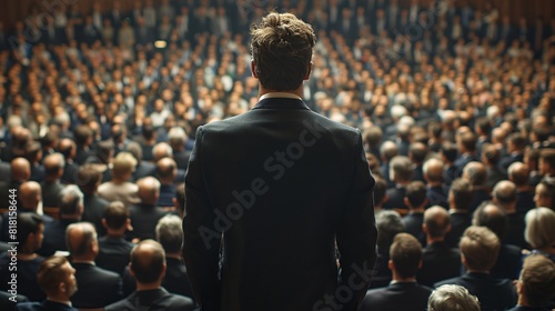 A man in a suit stands in front of a crowd, addressing them while taking the lead