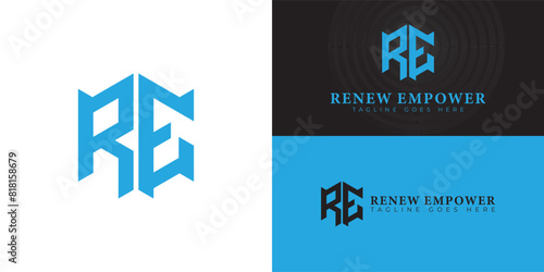 Abstract initial hexagon letter RE or ER logo in blue color isolated on multiple background colors. The logo is suitable for electrical contractor company logo design inspiration templates.