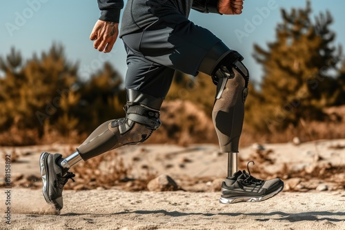 Adaptive Fitness: Side View of Man Jogging with Prosthetic