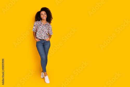 Full size photo of pretty young girl posing model wear trendy leopard print outfit isolated on yellow color background