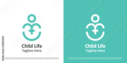 Child health logo design illustration. Silhouette plus cross people medic care support help clinic midwife kid. Modern minimal abstract linear line simple icon symbol.