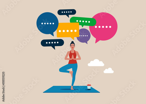 Girl practicing yoga having many ideas. Woman costs in a yoga position. Flat vector illustration.