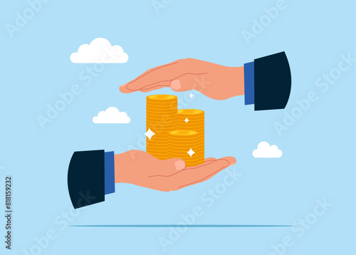 Stack of coin are protected by hands. Safe custody of cash. Vector Flat Design