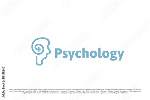 Brain health logo design illustration. Human head brain silhouette plus cross mental health mind thought psychologist anatomy cerebral medic care support. Simple minimal line flat icon symbol.