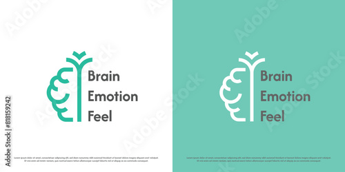 Mental health logo design illustration. Brain silhouette line art linear human head organ help support care medical therapy psychologist psychiatrist. Modern minimal simple flat icon symbol mint.