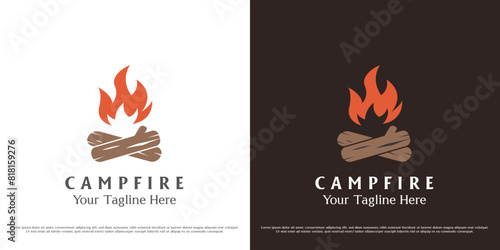 Minimal campfire logo design illustration. Silhouette of firewood fire forest travel adventure camping tent flame hill. Simple flat icon symbol of old vintage classic elements stamp label emblem.