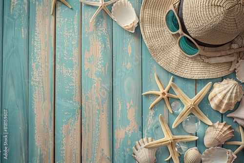 Banner space for text: A serene summer sea backdrop adorned with starfish, shells, and a wooden surface, with a pair of stylish sunglasses and a sun hat