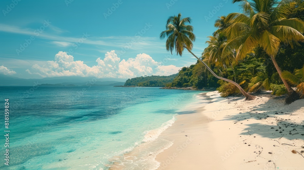 Beach Paradise: A picturesque tropical beach with white sandy shores, clear turquoise waters, and palm trees swaying in the breeze. The idyllic setting evokes a sense of relaxation and escape.