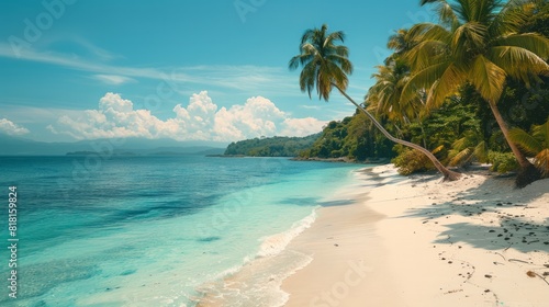 Beach Paradise: A picturesque tropical beach with white sandy shores, clear turquoise waters, and palm trees swaying in the breeze. The idyllic setting evokes a sense of relaxation and escape. © tanongsak