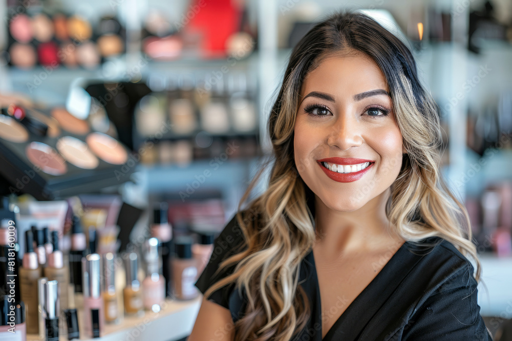 A Hispanic woman bringing her passion for beauty and flair for entrepreneurship to her role as a cosmetic seller, connecting with customers on a personal level and helping them feel empowered through