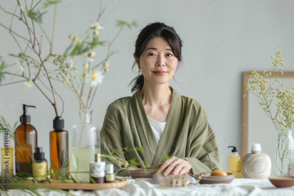 A Japanese woman with a deep reverence for nature, curating a selection of natural cosmetics inspired by the Japanese philosophy of wabi-sabi, embracing imperfection and honoring the beauty of A Japanese woman with a deep reverence for nature, curating a selection of natural cosmetics inspired by the Japanese philosophy of wabi-sabi, embracing imperfection and honoring the beauty of