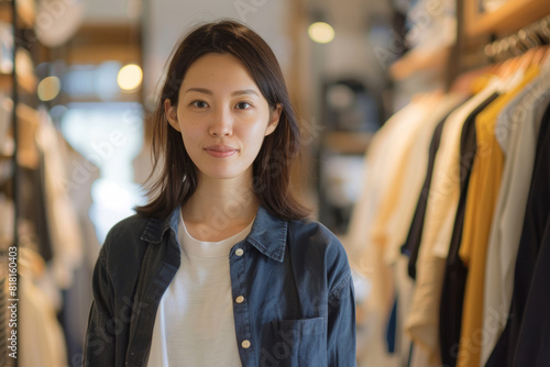 A Japanese woman bringing elegance and sophistication to her clothing boutique, offering impeccably tailored garments and timeless classics that embody the grace and refinement of Japanese fashion photo