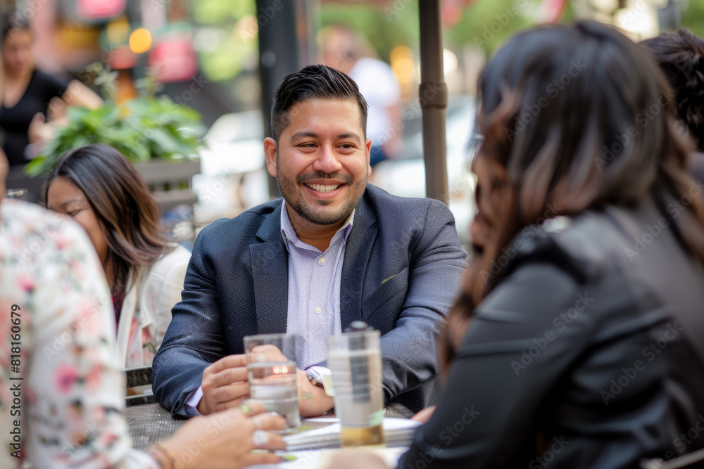 A Latino CEO, hosting a community outreach event in a vibrant urban neighborhood, empowering local entrepreneurs and fostering economic development through mentorship and collaboration, his commitment