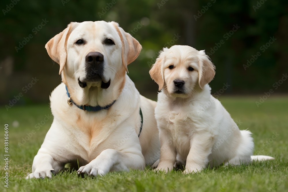 A Labrador and Golden Retriever puppy enjoy outdoor serenity, showcasing adorable companionship A Labrador and Golden Retriever puppy enjoy outdoor serenity, showcasing adorable companionship