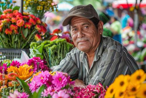 A Latino flower vendor showcasing his colorful blooms at a bustling street market, his charismatic personality and artistic flair drawing admirers who appreciate the beauty and freshness of his