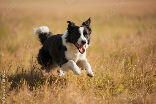 Border Collie running energetically in vast field with tongue out under warm sunlight