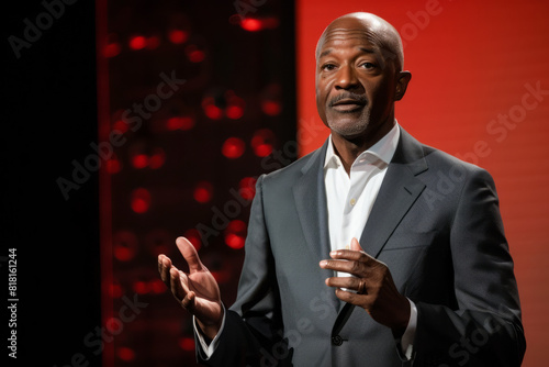 A poised African American businessman, delivering a captivating TED talk on leadership and resilience, his inspiring journey from adversity to success serving as a beacon of hope for aspiring photo