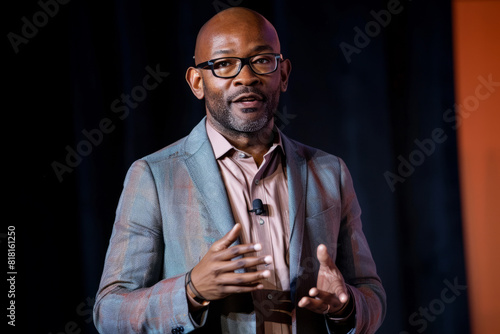 A poised African American businessman, delivering a captivating TED talk on leadership and resilience, his inspiring journey from adversity to success serving as a beacon of hope for aspiring photo